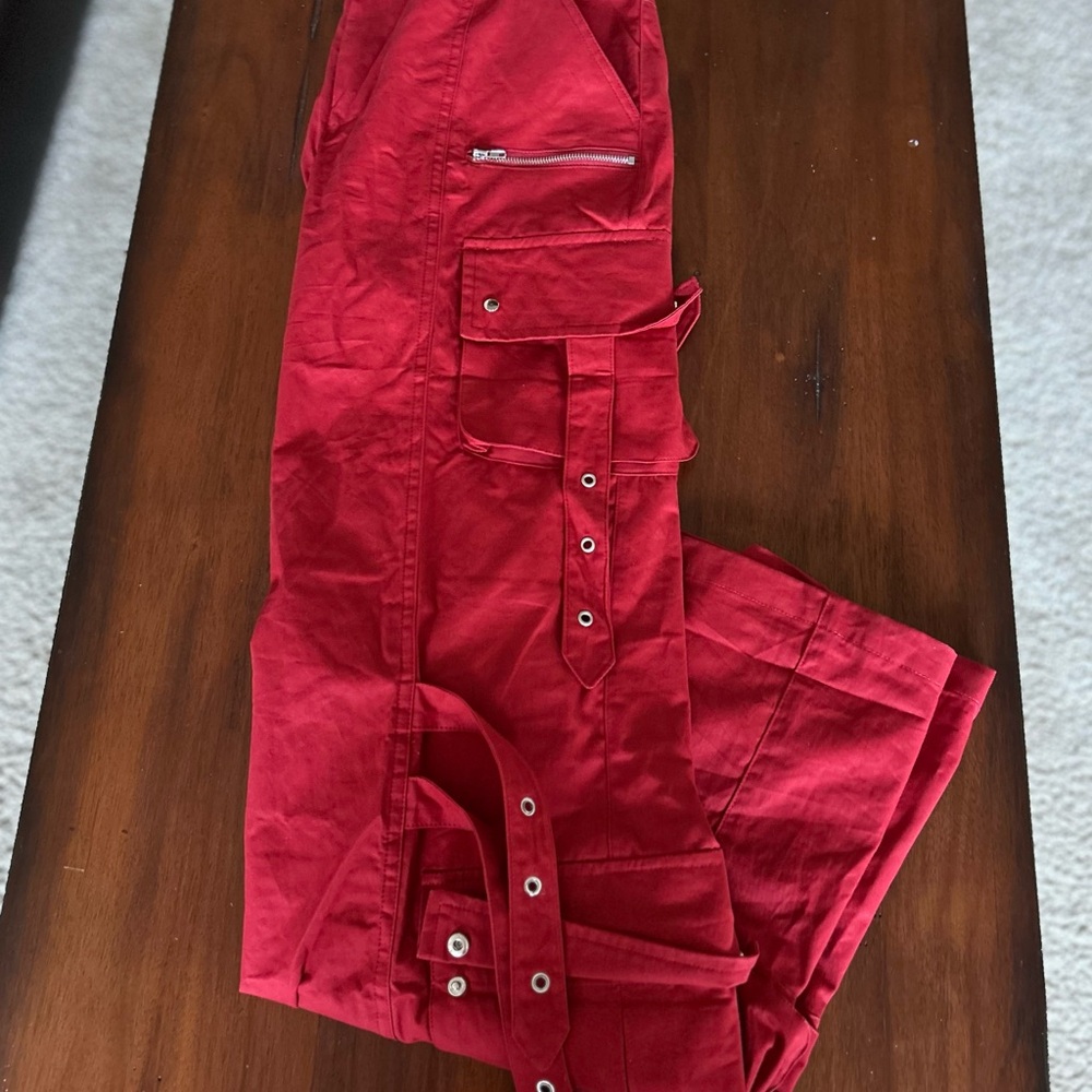 Fashion Nova Red Cargo Pants with Utility Design